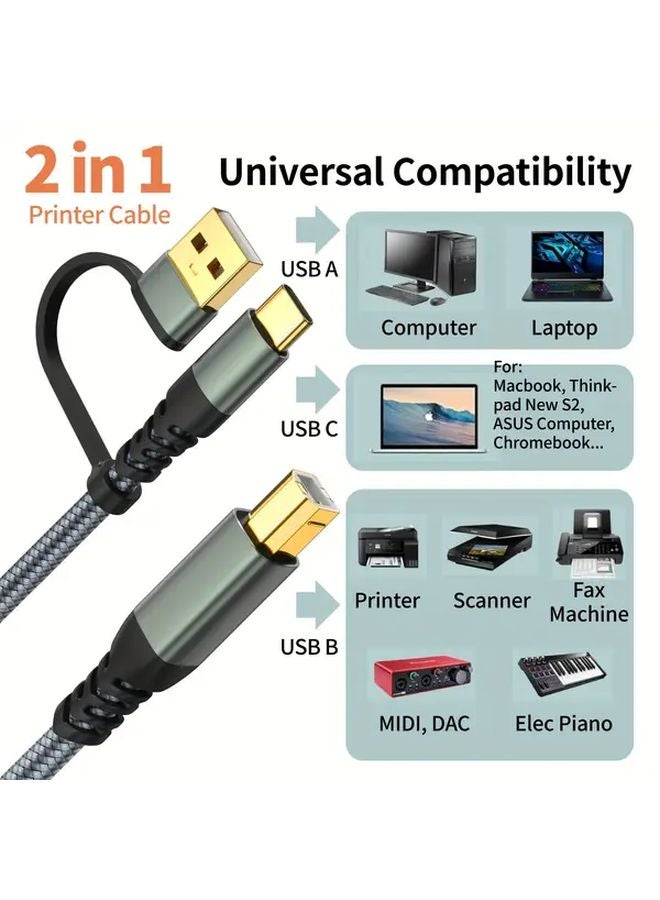 كابل طابعة 2 في 1 عالي السرعة من USB C و USB A إلى USB B 10 قدم رمادي متوافق مع HP وإيبسون وبراذر - Image 5